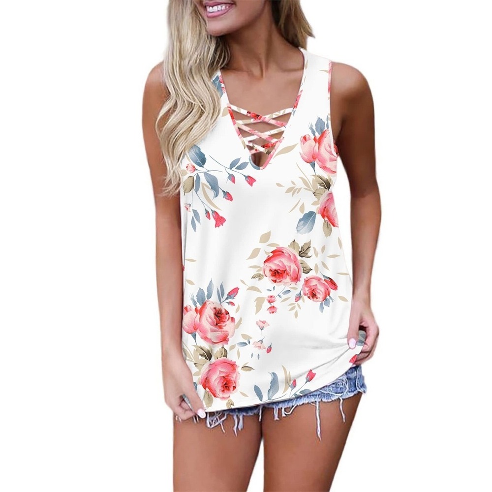 NWOT Womens XL Floral Rose Tank Top V-Neck Lattice Ivory Red Sleeveless XL
